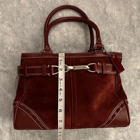 COACH dark red suede carry all with silver buckle. - Picture 9 of 11